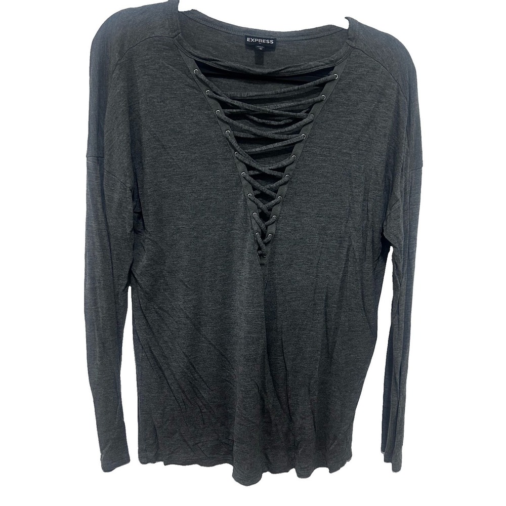 EXPRESS Lace Up V Neck Viscose Long Sleeve Top Gray Solid Knit Women Size M
